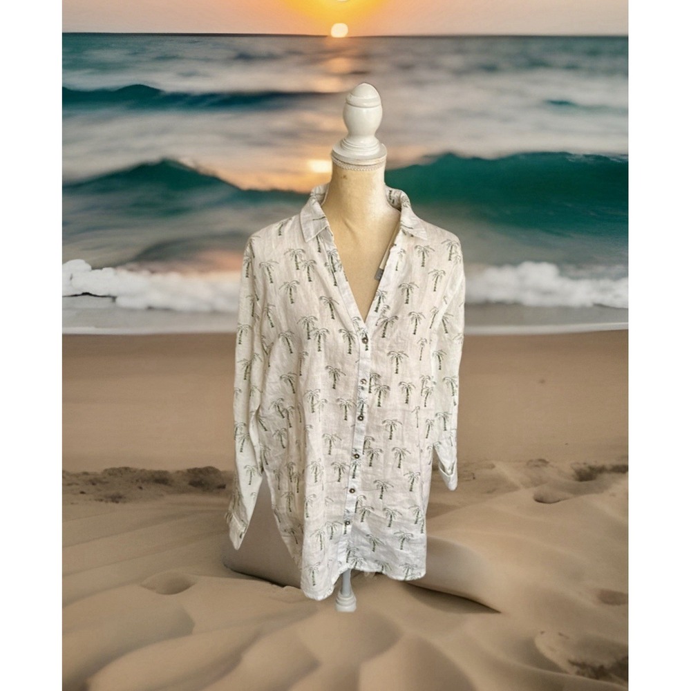 C&C California Linen Top Womens S Palm Tree Print Button Up Beachy Tropical